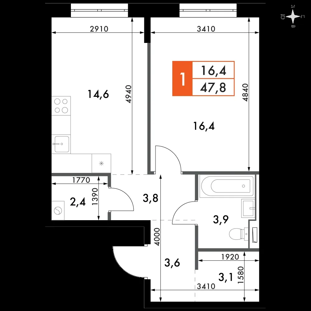 1-комнатная, 47,8 м² — 14 345 285 ₽