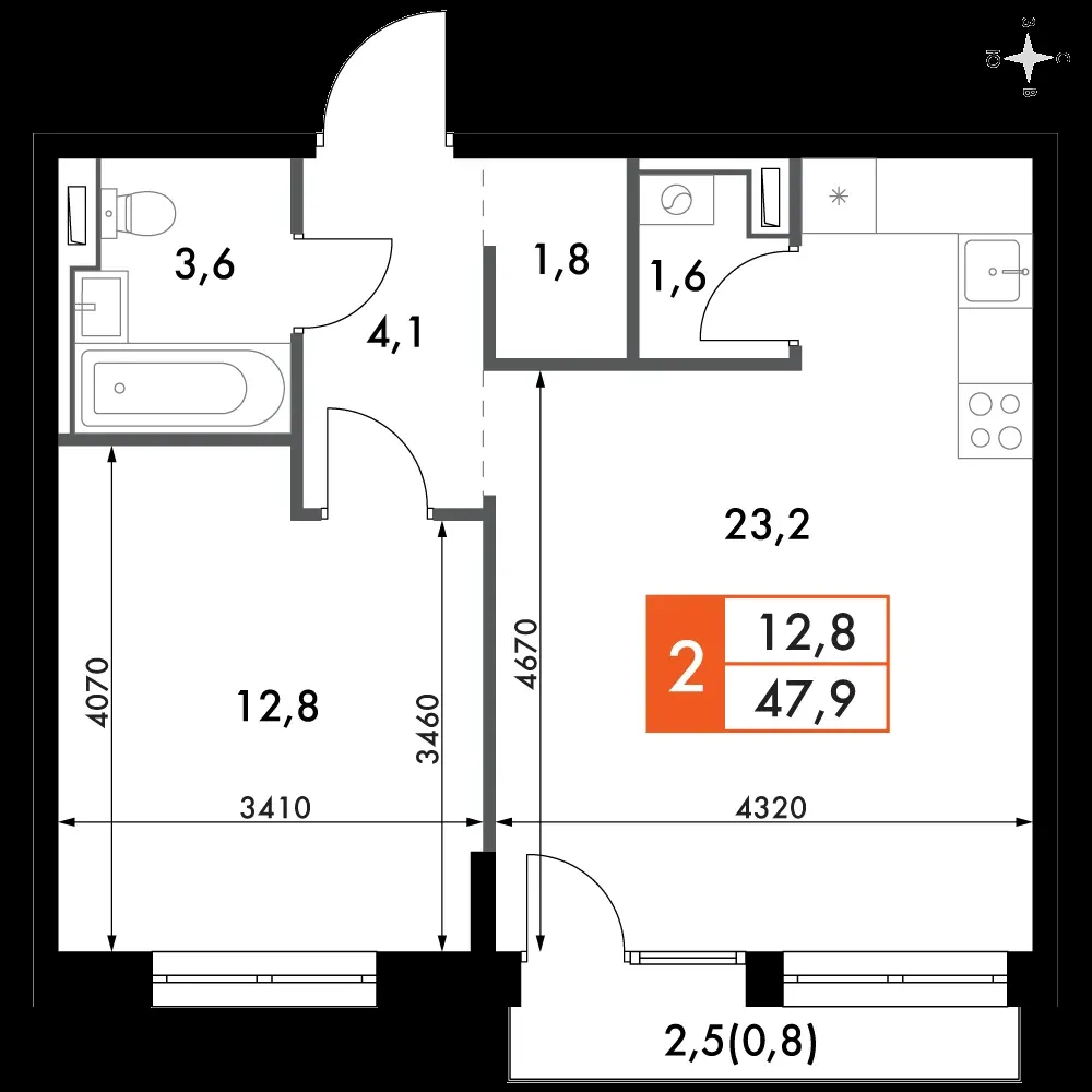 2-комнатная, 47,9 м² — 14 391 165 ₽