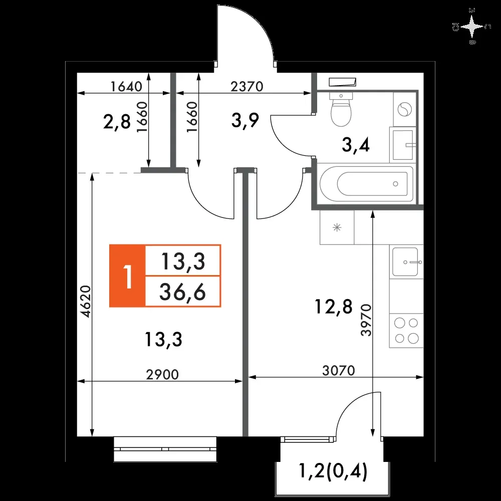 1-комнатная, 36,6 м² — 12 801 028 ₽