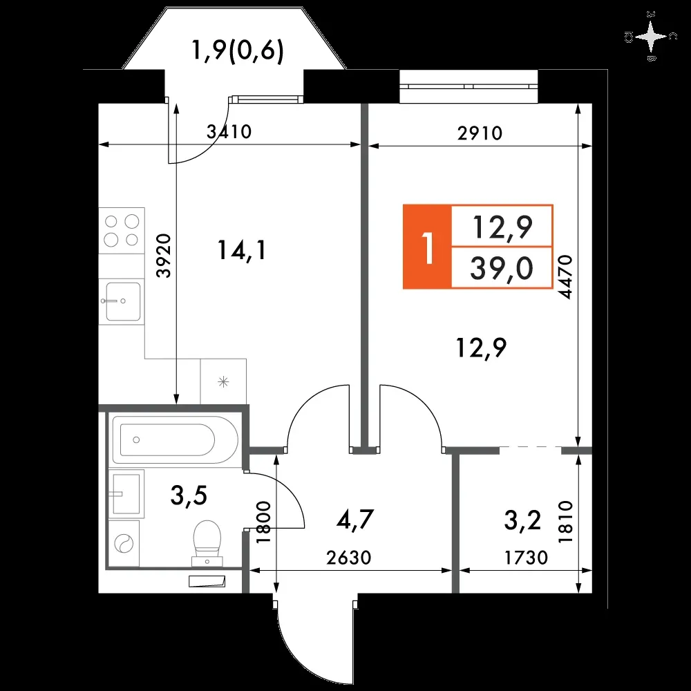 1-комнатная, 39 м² — 12 630 761 ₽
