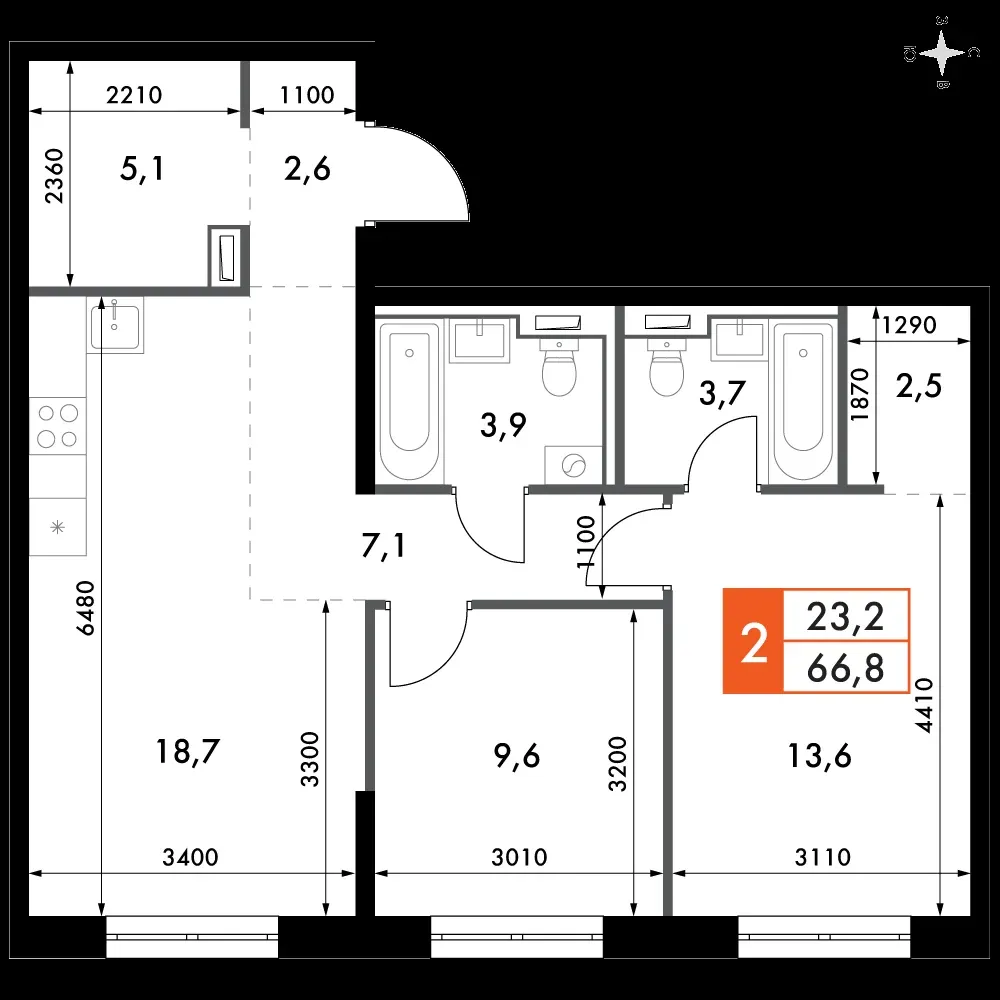3-комнатная, 66,8 м² — 17 230 314 ₽