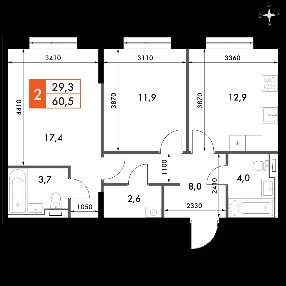 2-комнатная, 60,5 м² — 16 090 204 ₽