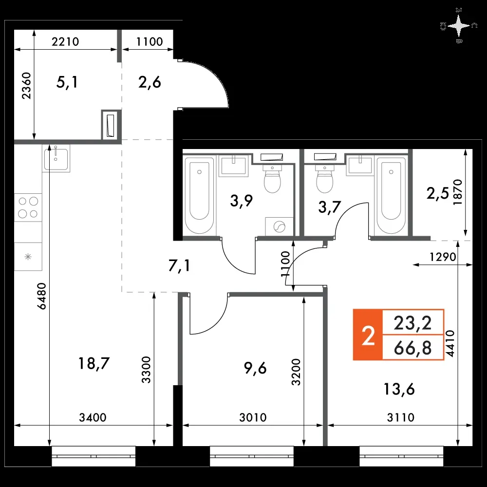 3-комнатная, 66,8 м² — 17 257 368 ₽