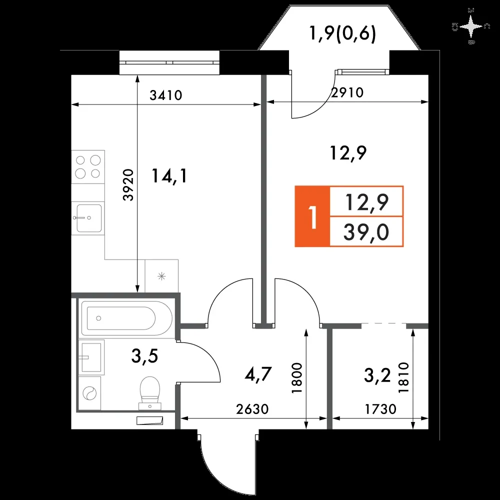 1-комнатная, 39 м² — 12 648 116 ₽