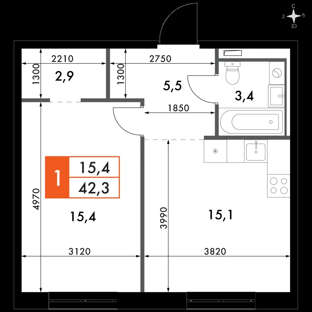 1-комнатная, 42,3 м² — 12 787 122 ₽