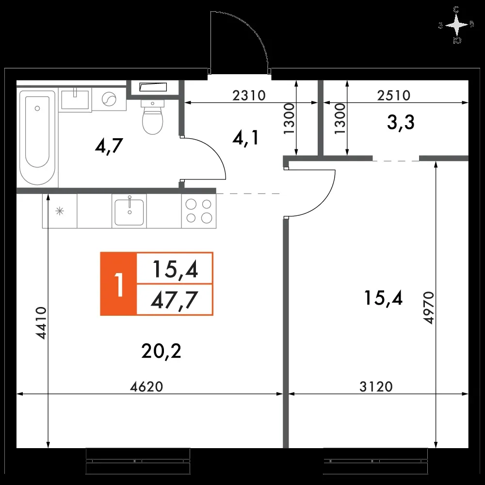 2-комнатная, 47,7 м² — 14 055 039 ₽