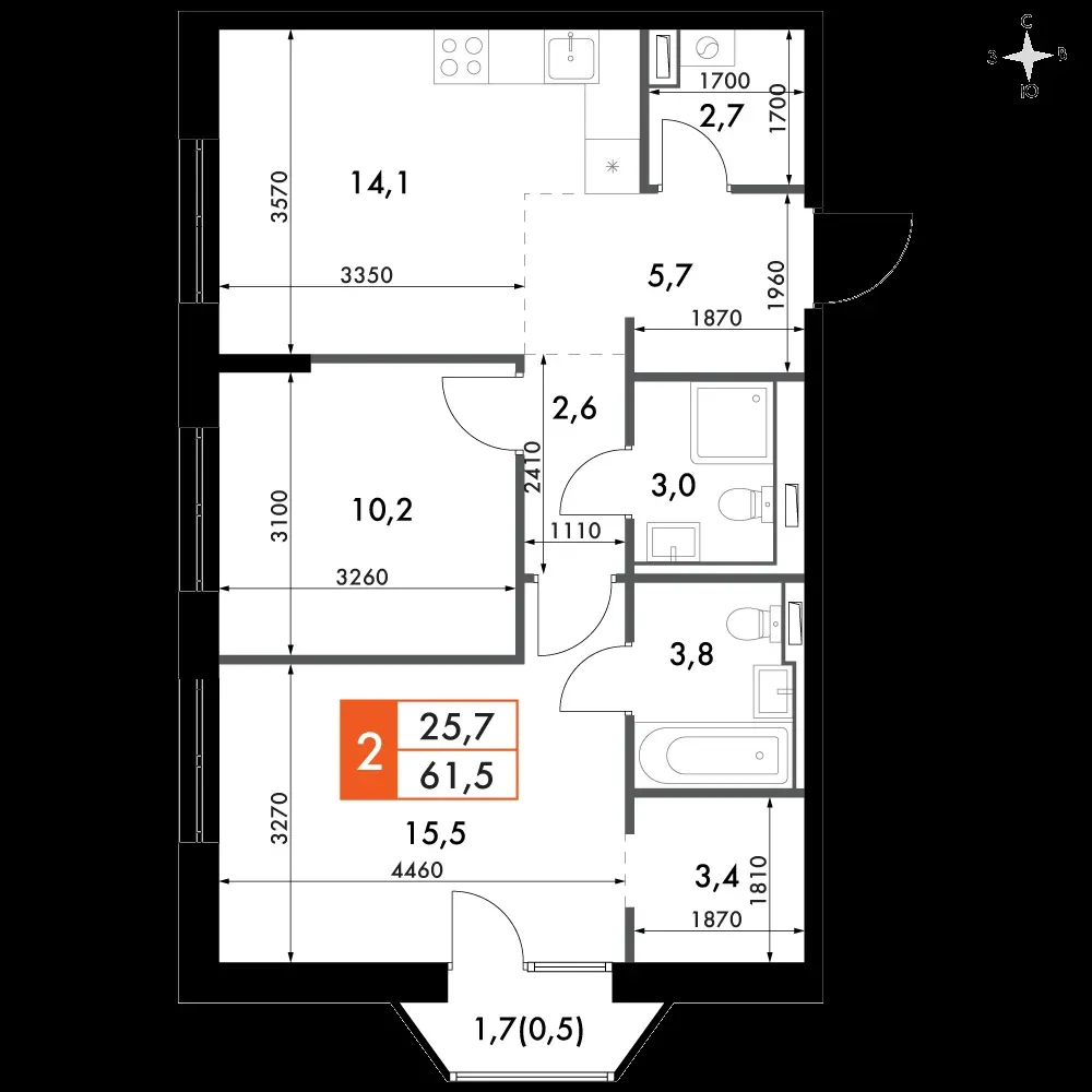 2-комнатная, 61,5 м² — 17 342 893 ₽