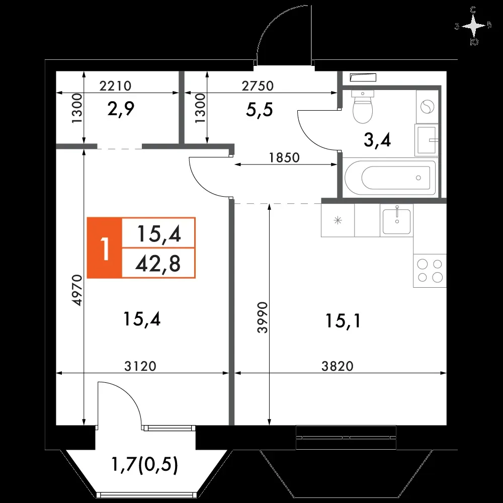 1-комнатная, 42,8 м² — 13 067 098 ₽