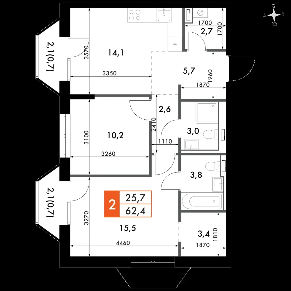 2-комнатная, 62,4 м² — 17 621 963 ₽