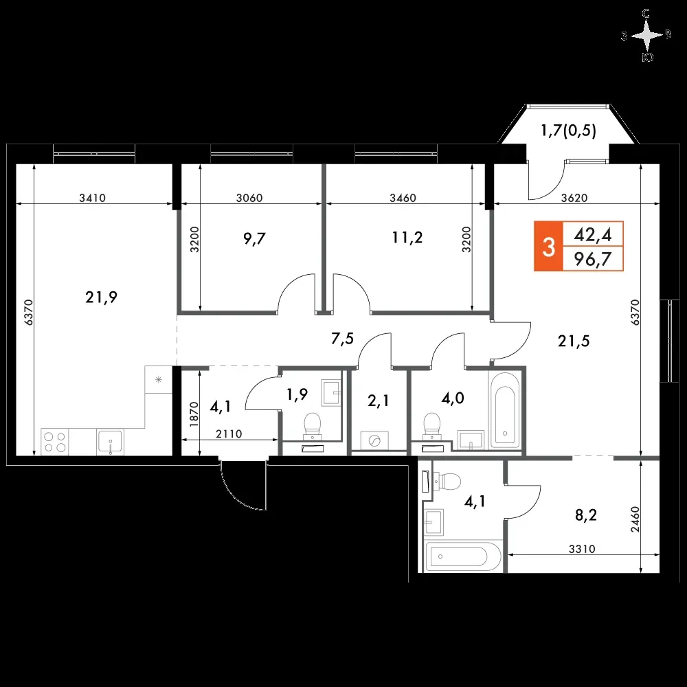 4-комнатная, 96,7 м² — 24 360 045 ₽