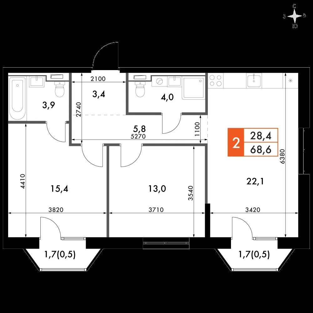 3-комнатная, 68,6 м² — 18 124 685 ₽