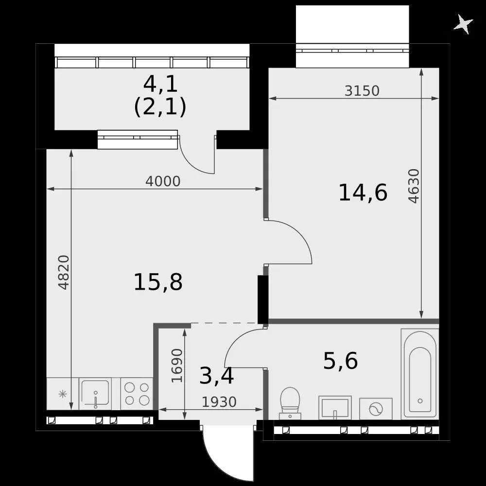 1-комнатная, 41,5 м² — 6 188 783 ₽