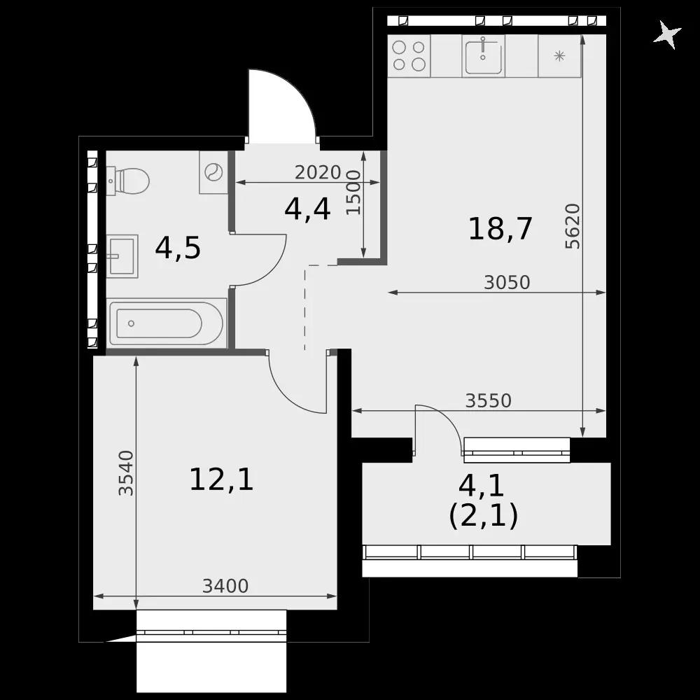 1-комнатная, 41,8 м² — 6 346 382 ₽