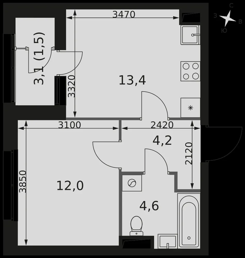 1-комнатная, 35,7 м² — 22 901 550 ₽