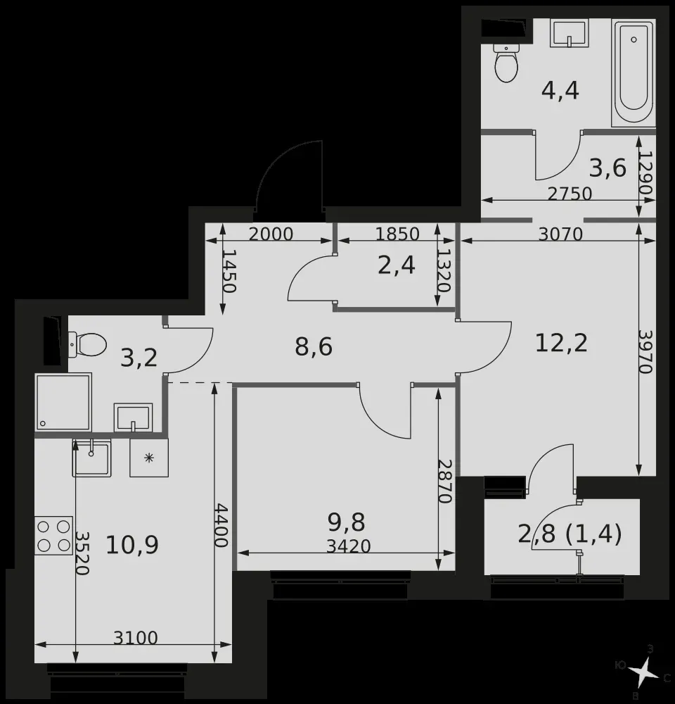 2-комнатная, 56,5 м² — 21 994 320 ₽