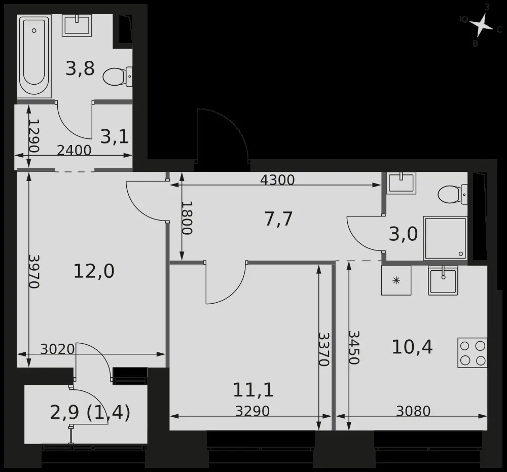 2-комнатная, 52,5 м² — 23 892 593 ₽