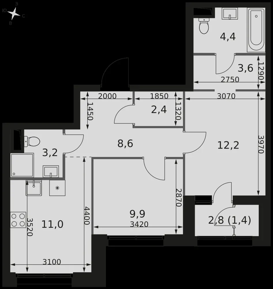 2-комнатная, 56,7 м² — 22 480 416 ₽