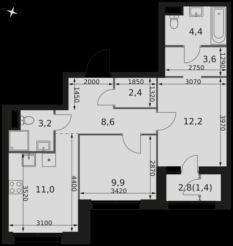 2-комнатная, 56,7 м² — 22 797 936 ₽
