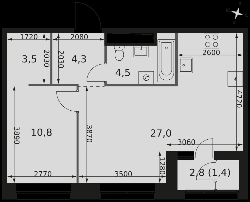 2-комнатная, 51,5 м² — 22 184 655 ₽