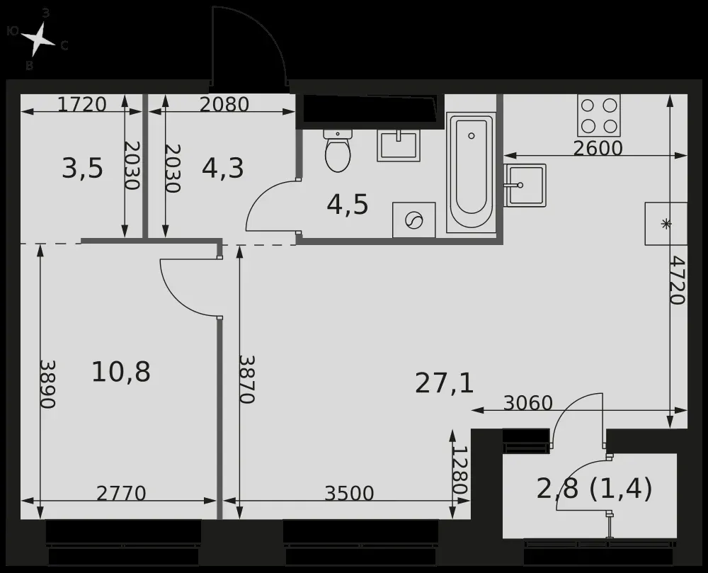 2-комнатная, 51,6 м² — 23 469 744 ₽