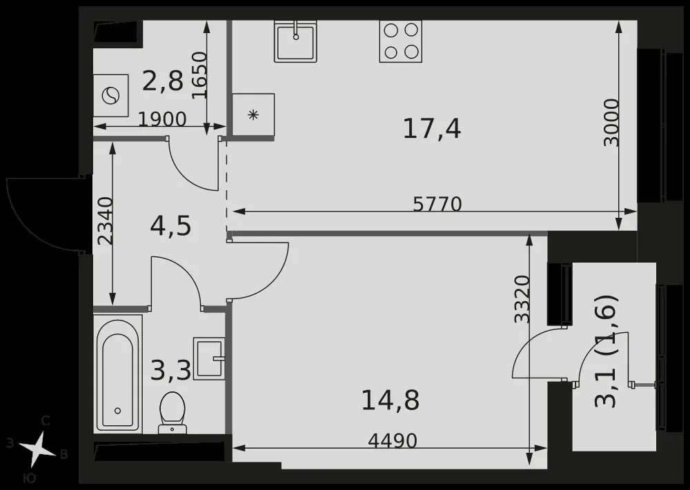 1-комнатная, 44,4 м² — 20 084 340 ₽