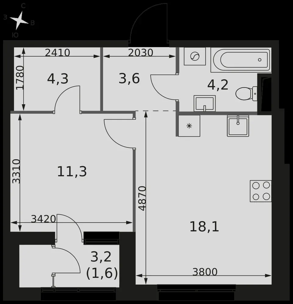 1-комнатная, 43,1 м² — 20 600 076 ₽