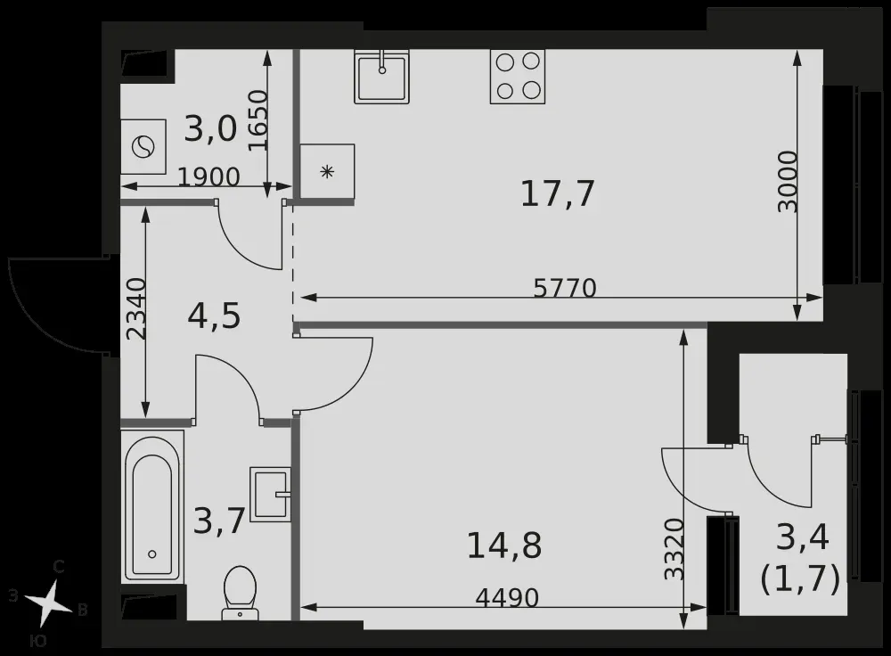 1-комнатная, 45,4 м² — 21 604 044 ₽