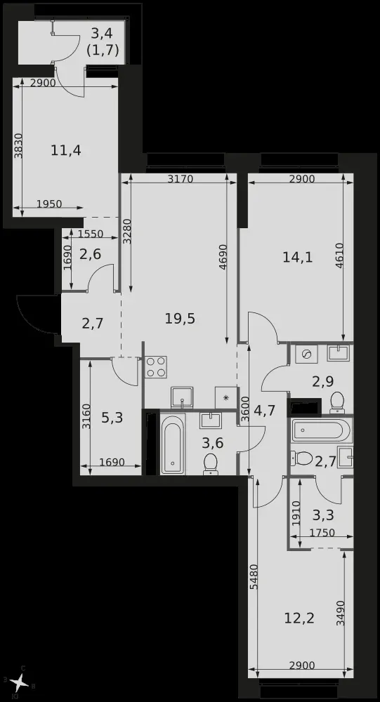 3-комнатная, 86,7 м² — 29 714 864 ₽