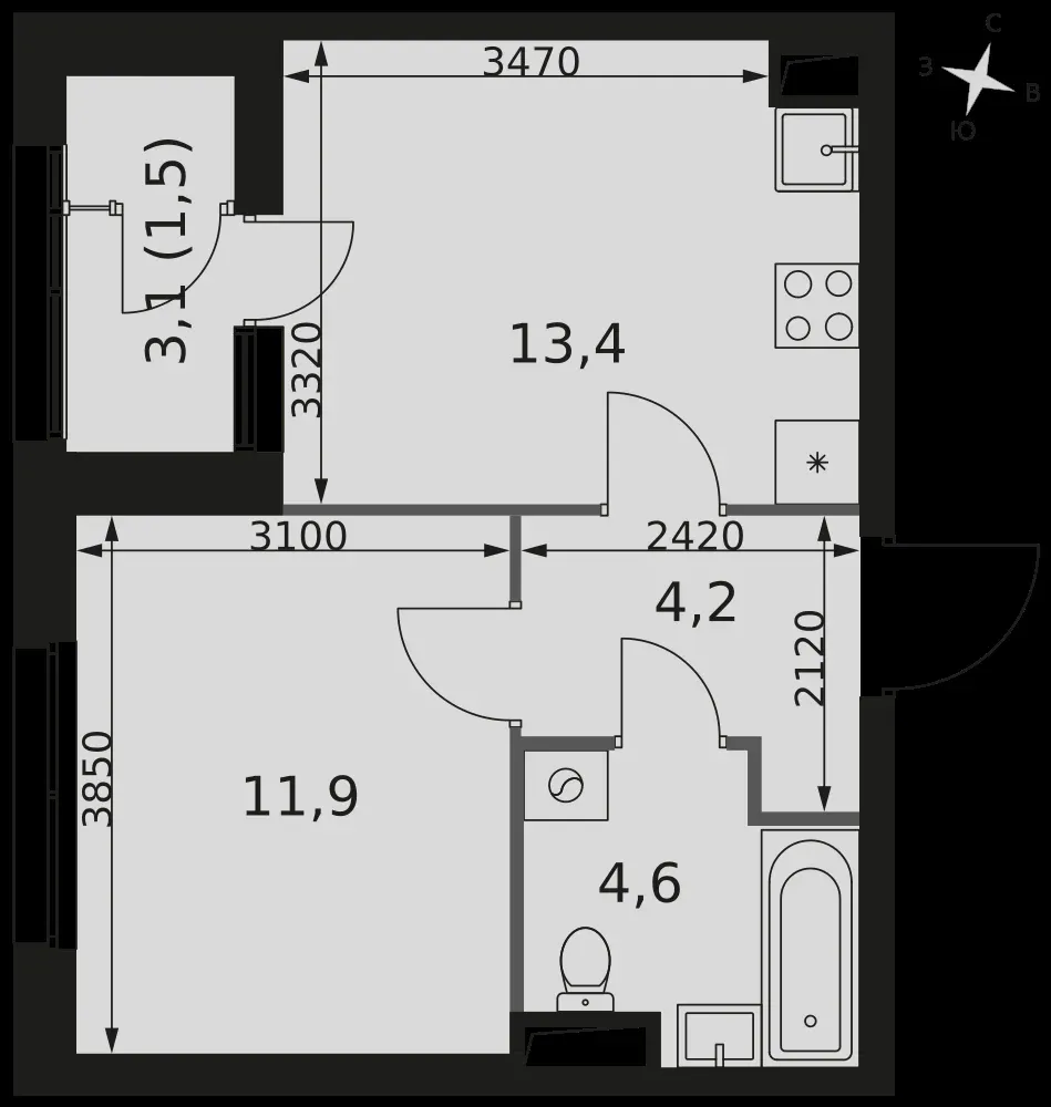 1-комнатная, 35,6 м² — 22 018 600 ₽