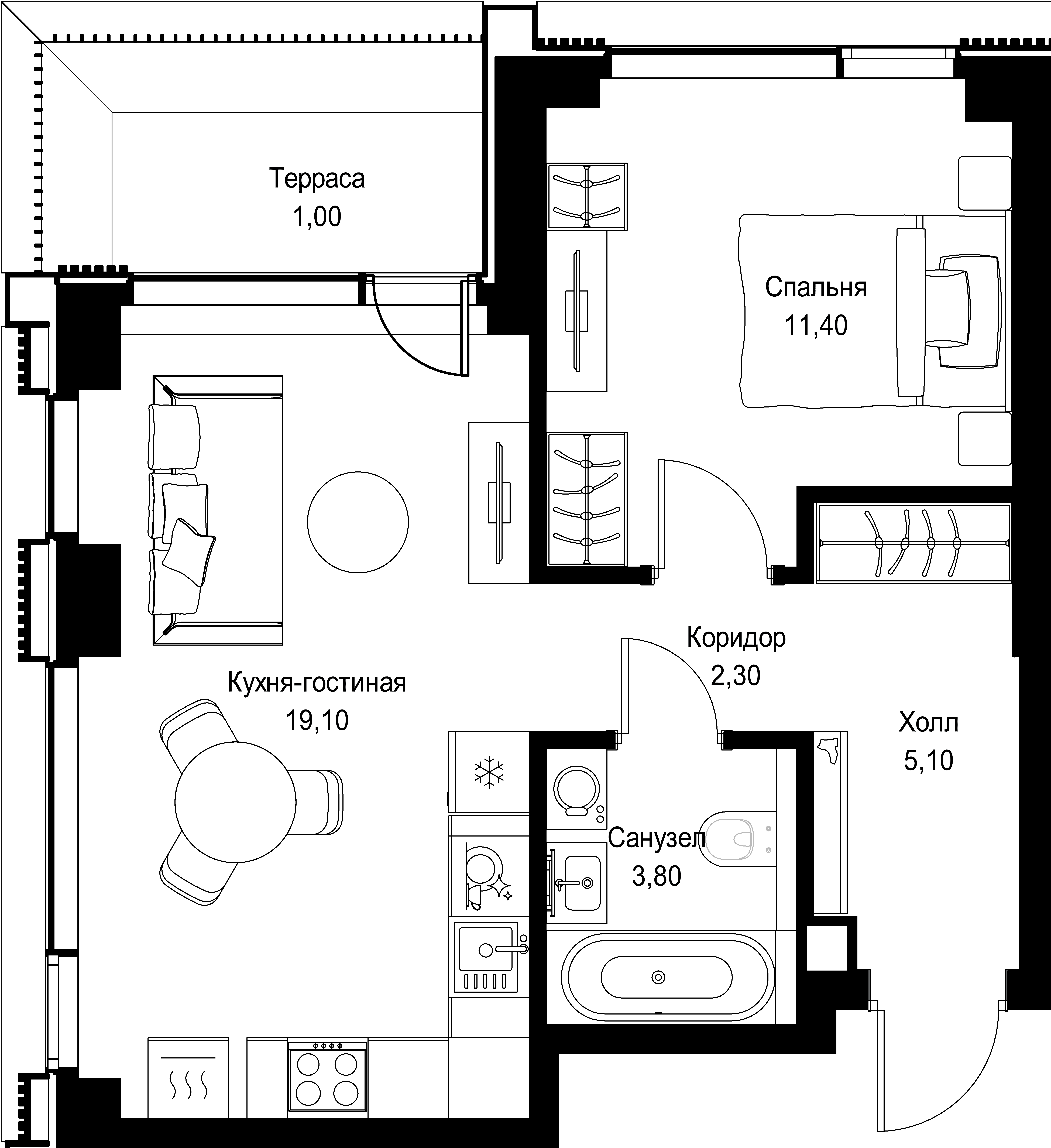1-комнатная, 42,7 м² — 25 036 718 ₽