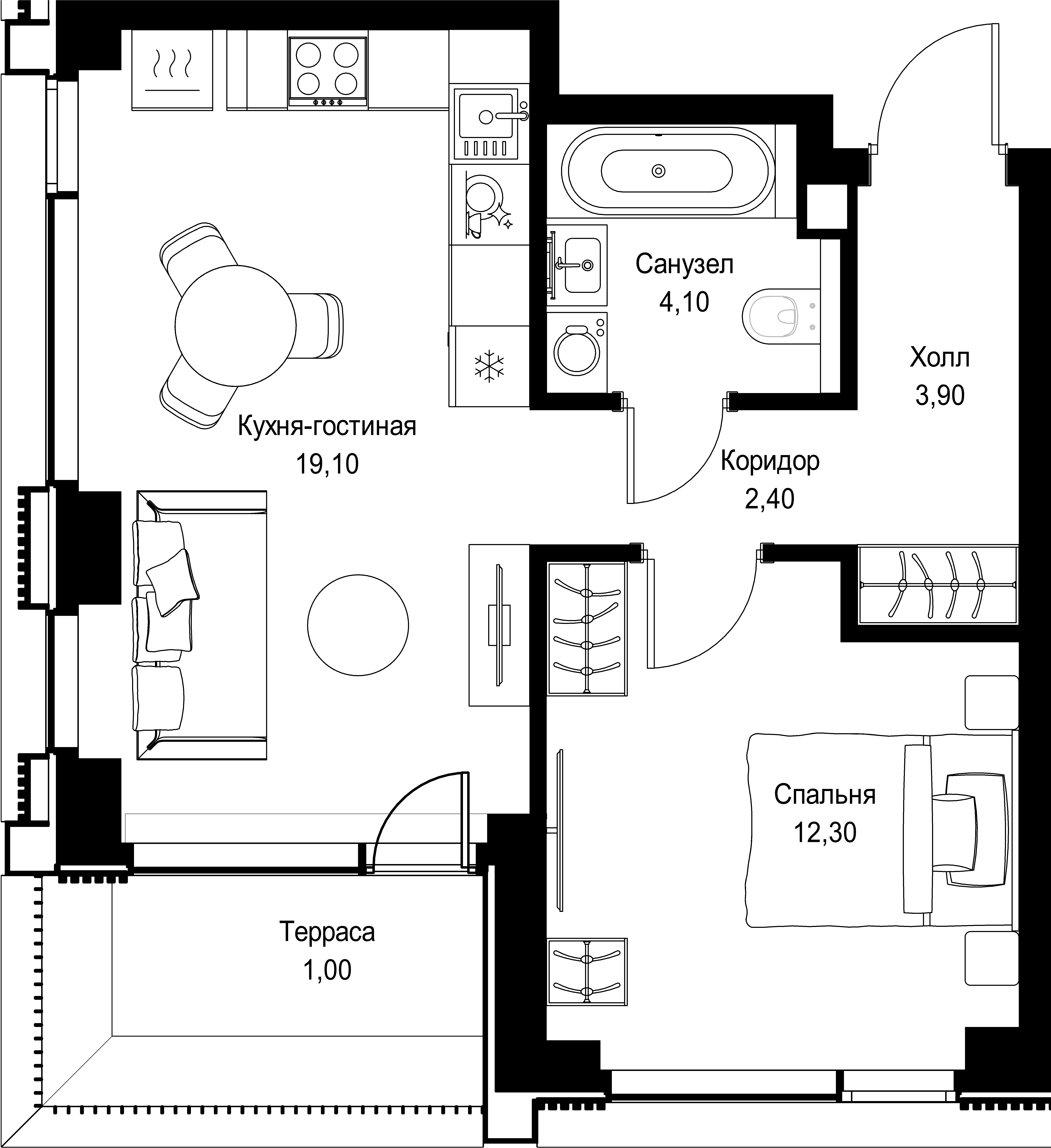1-комнатная, 42,8 м² — 25 123 814 ₽