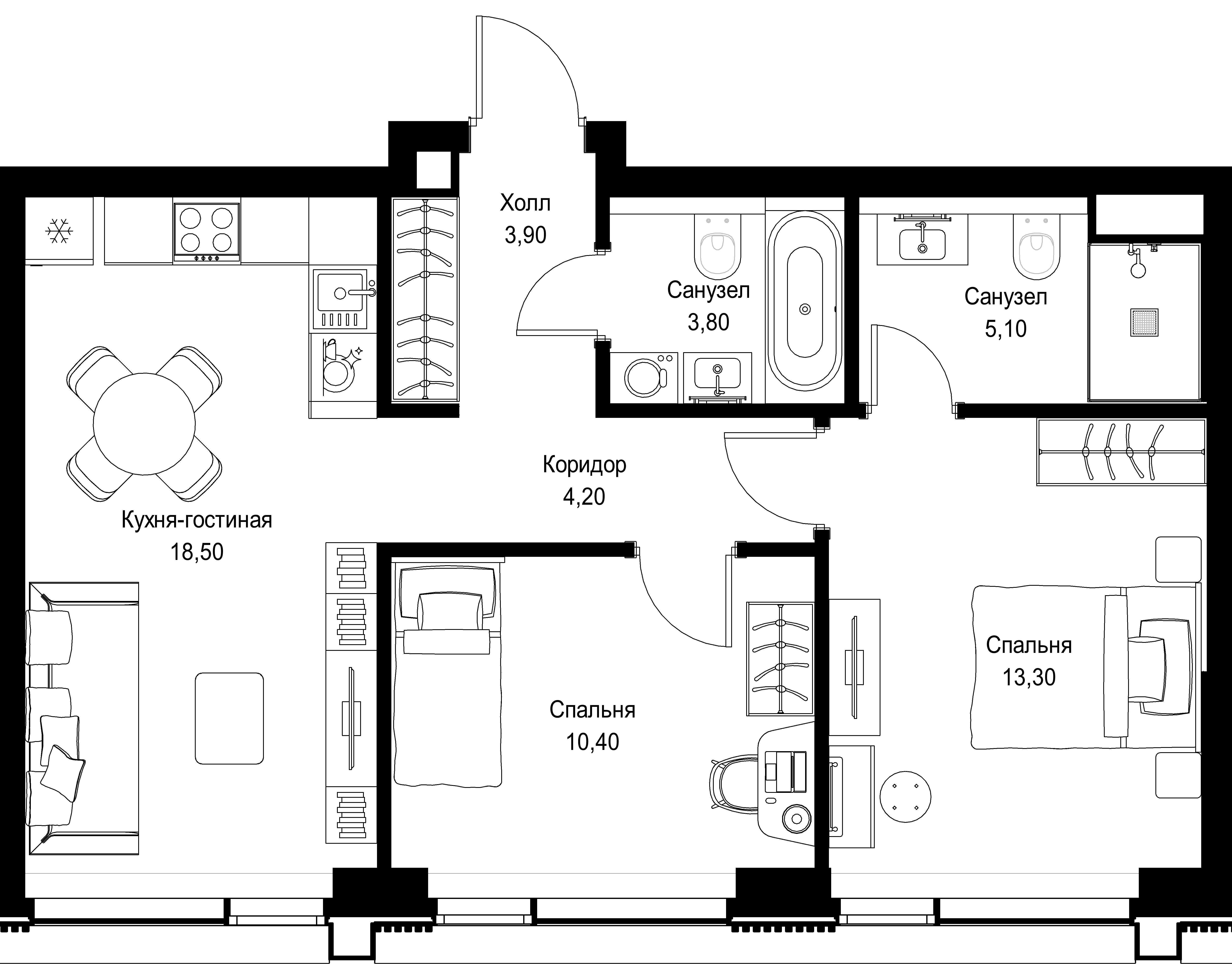 2-комнатная, 59,2 м² — 31 640 624 ₽