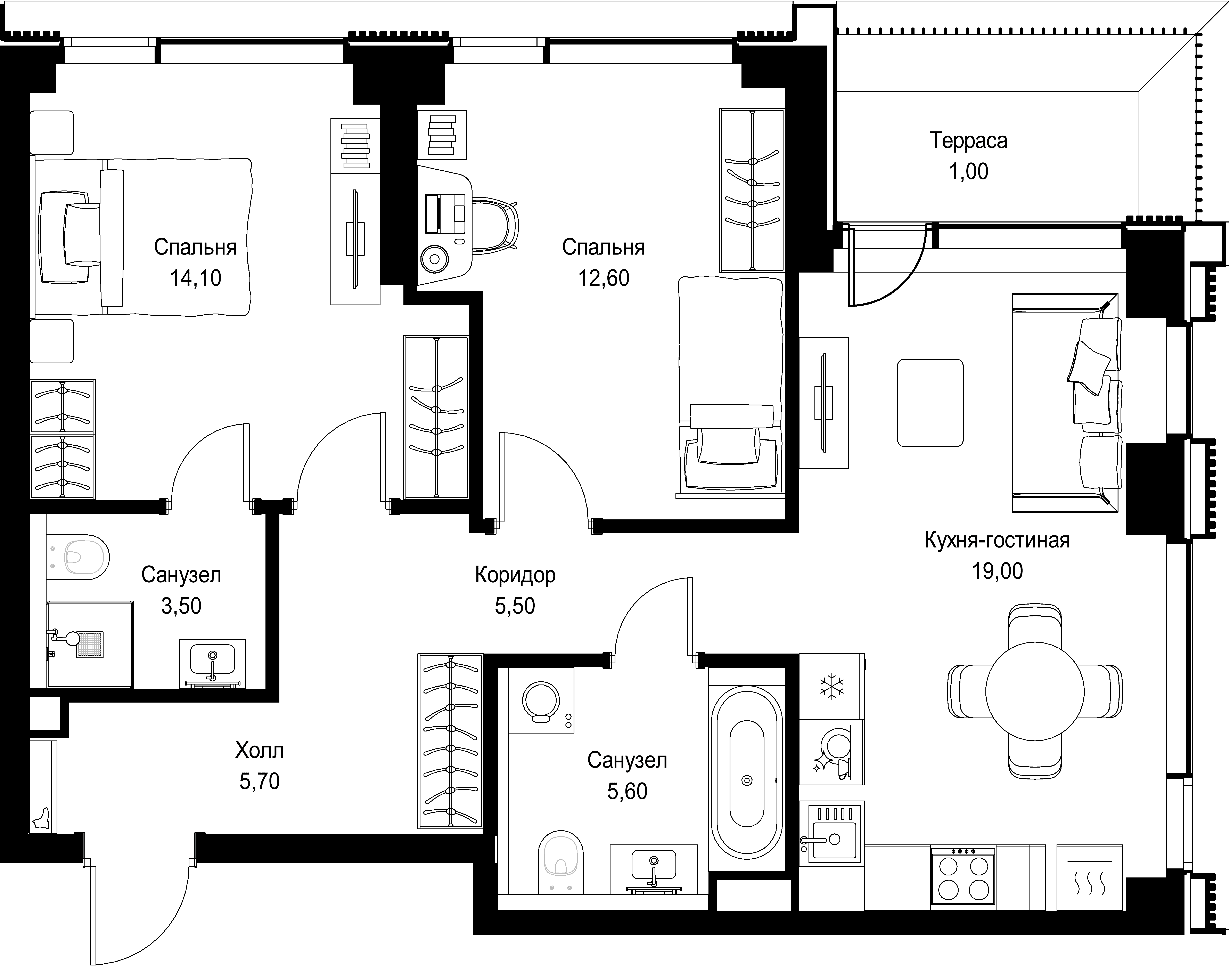2-комнатная, 67 м² — 34 689 250 ₽