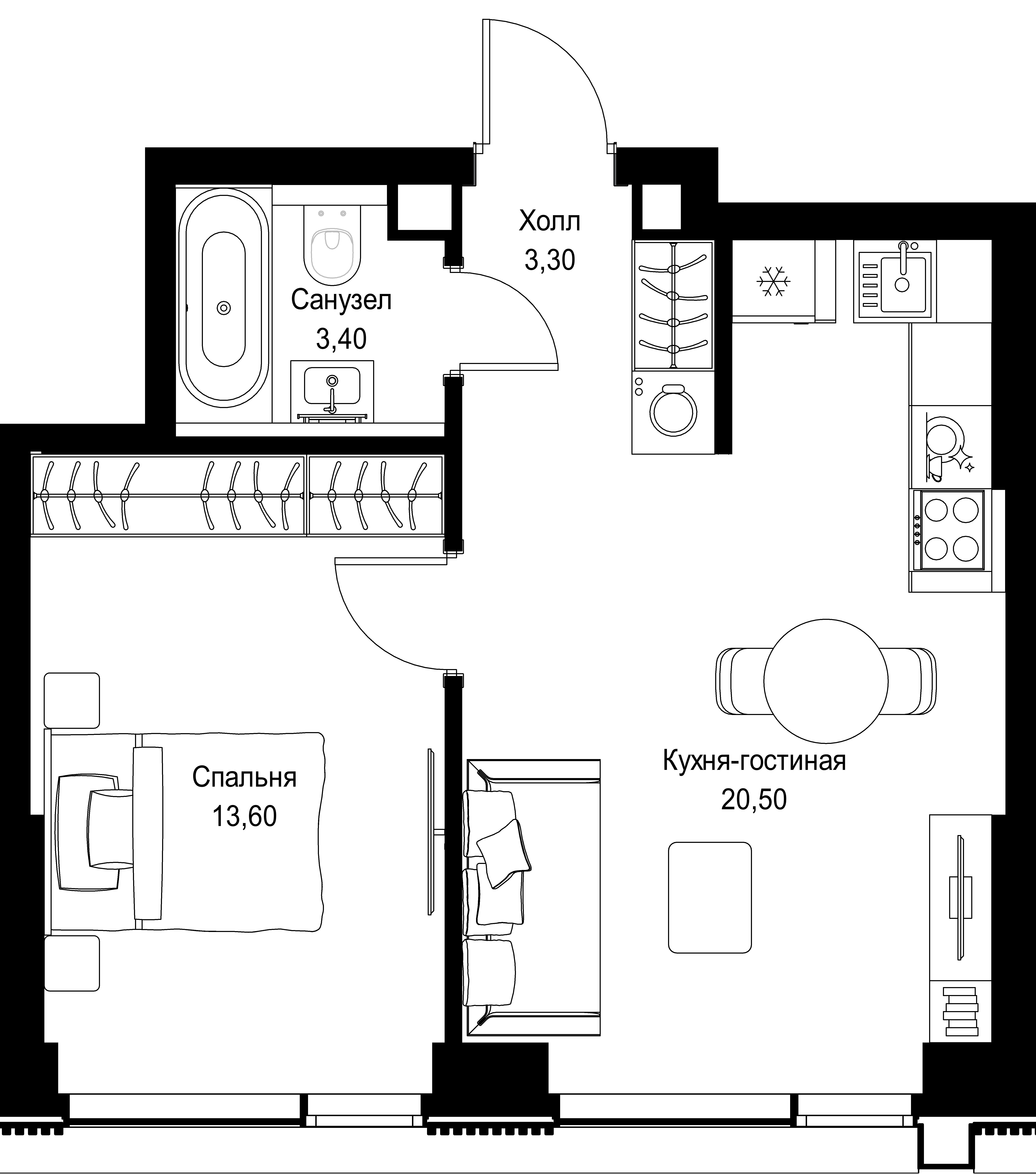 1-комнатная, 40,8 м² — 23 217 240 ₽