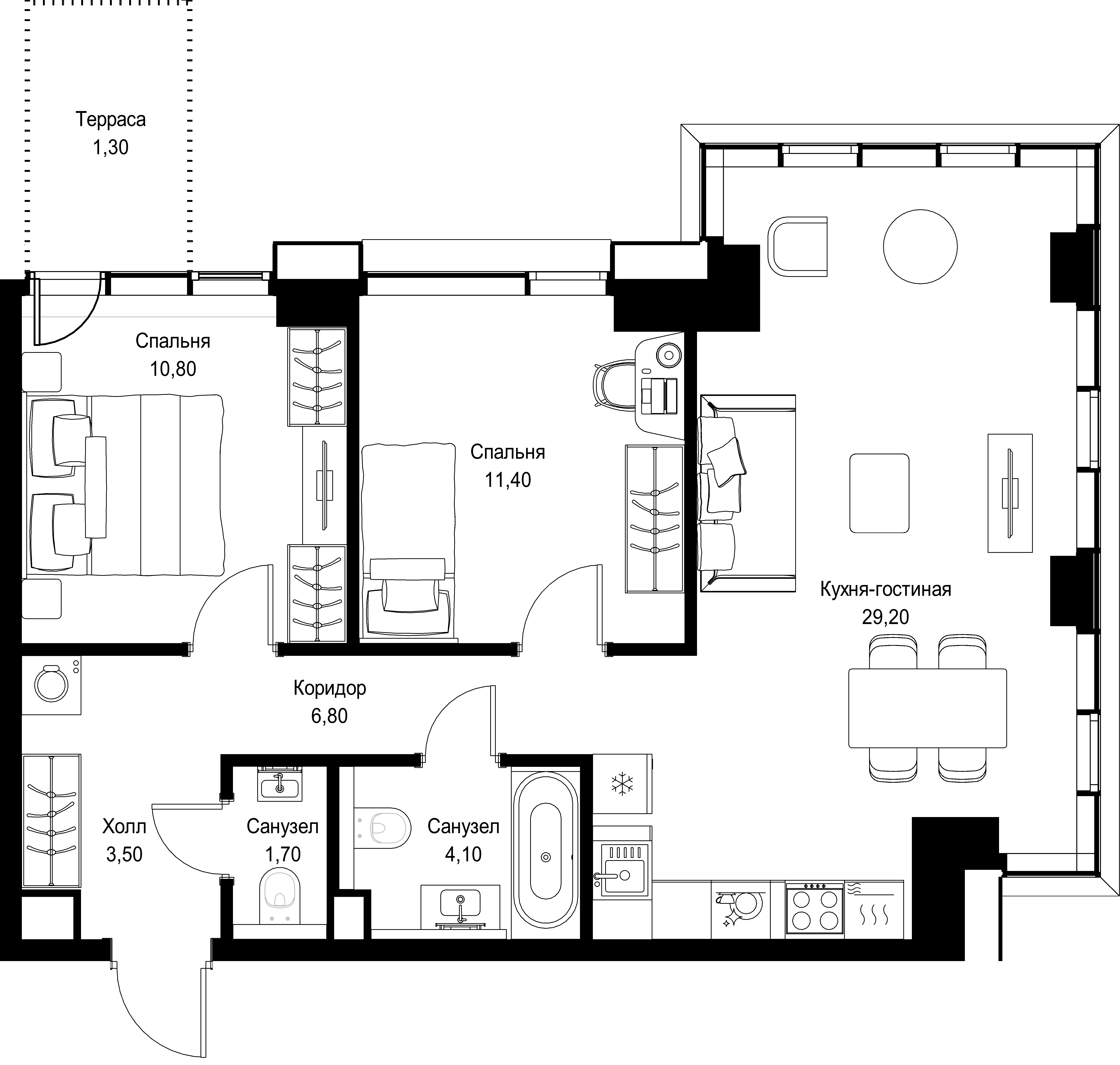 2-комнатная, 68,8 м² — 35 144 072 ₽