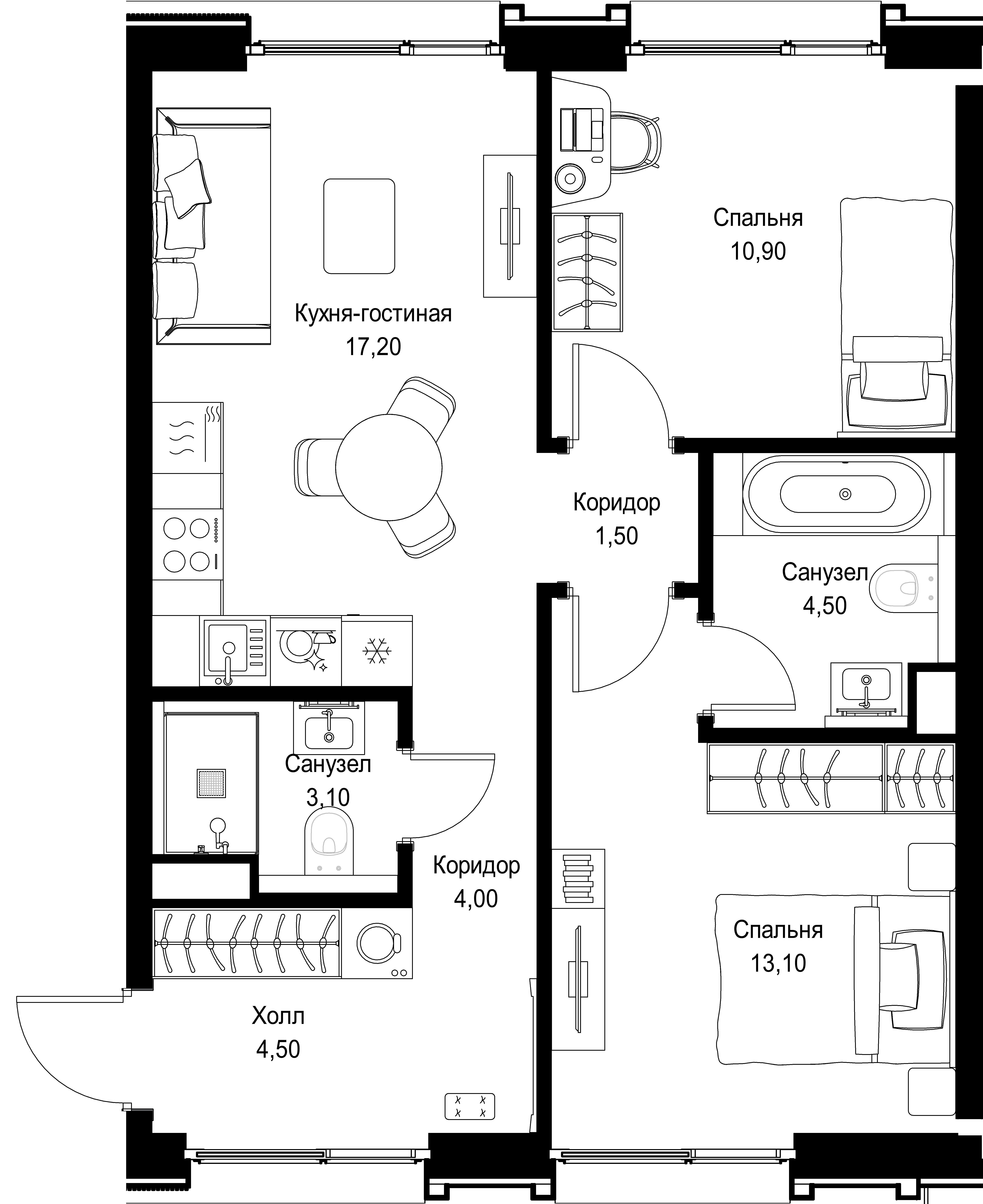 2-комнатная, 58,8 м² — 32 750 718 ₽