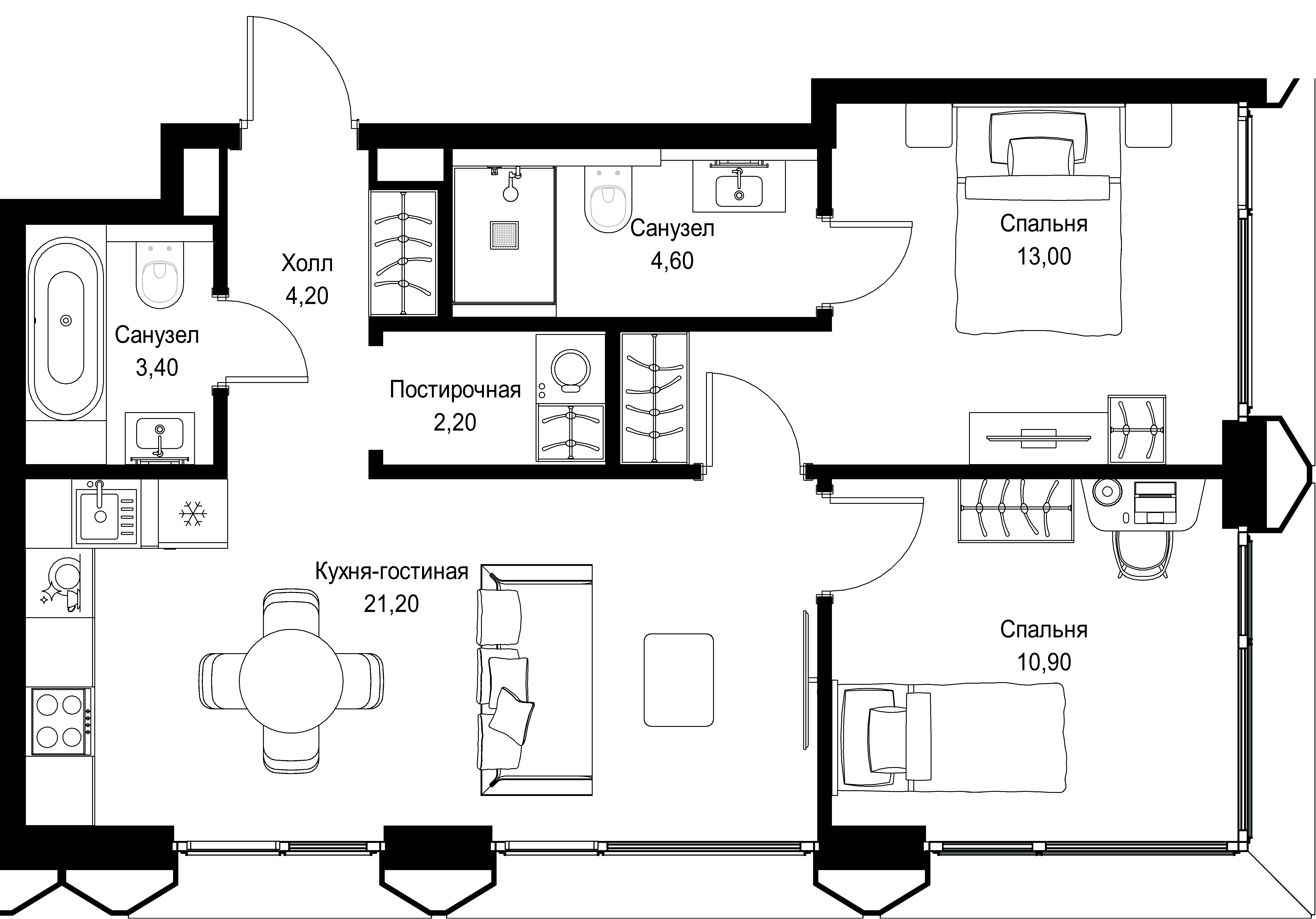 2-комнатная, 59,6 м² — 33 943 690 ₽