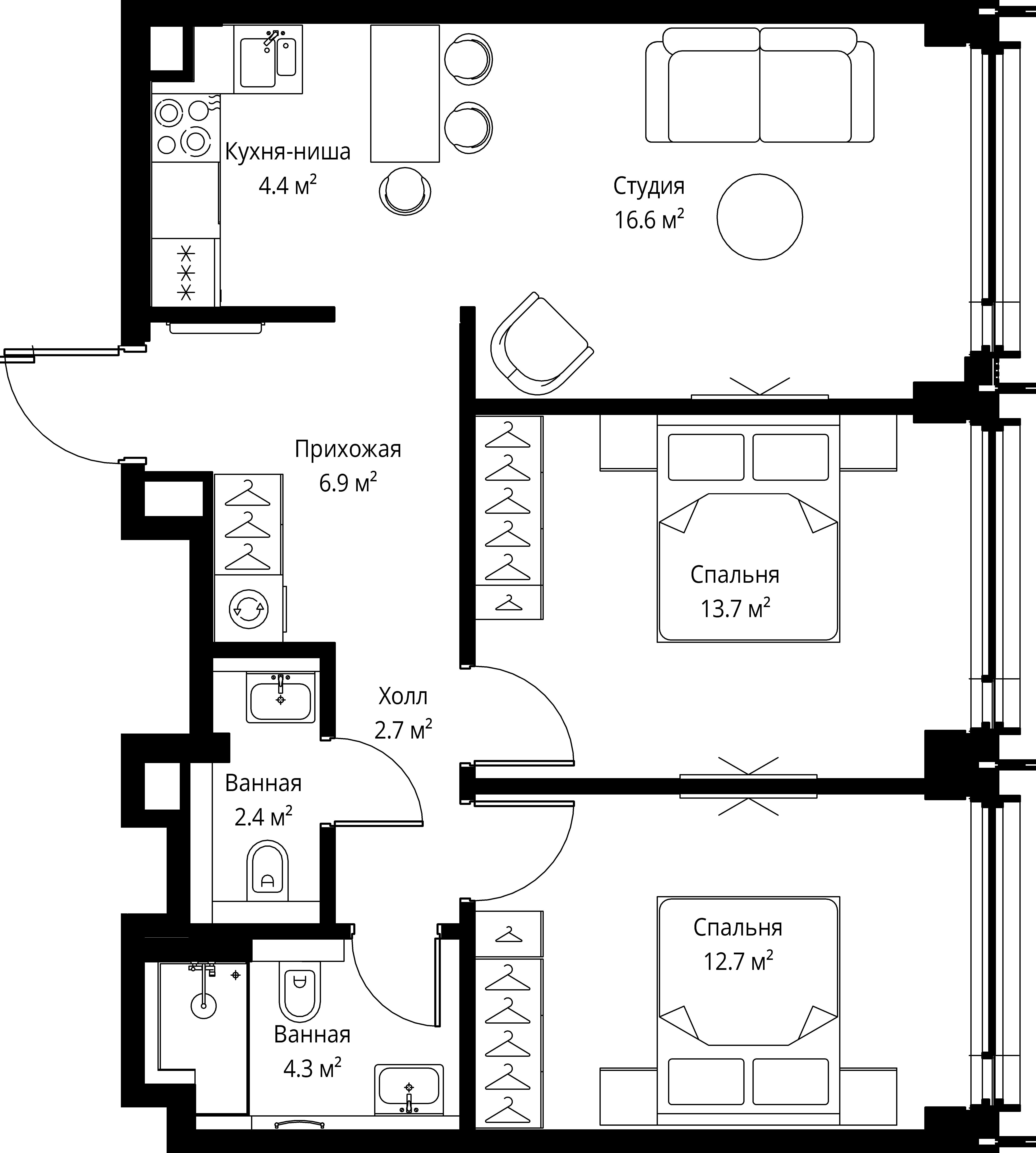 2-комнатная, 63,7 м² — 33 743 164 ₽