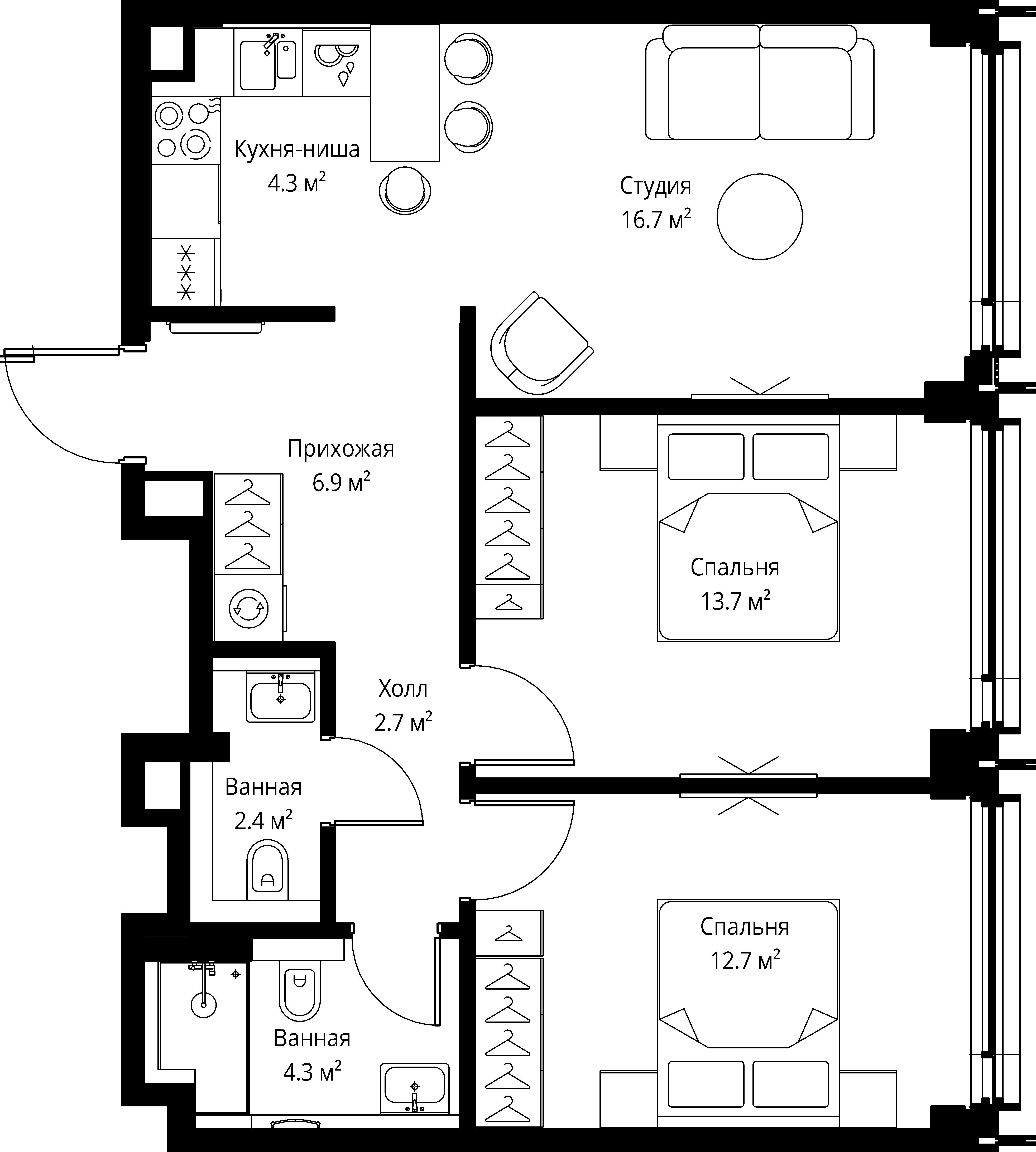 2-комнатная, 63,7 м² — 38 342 304 ₽