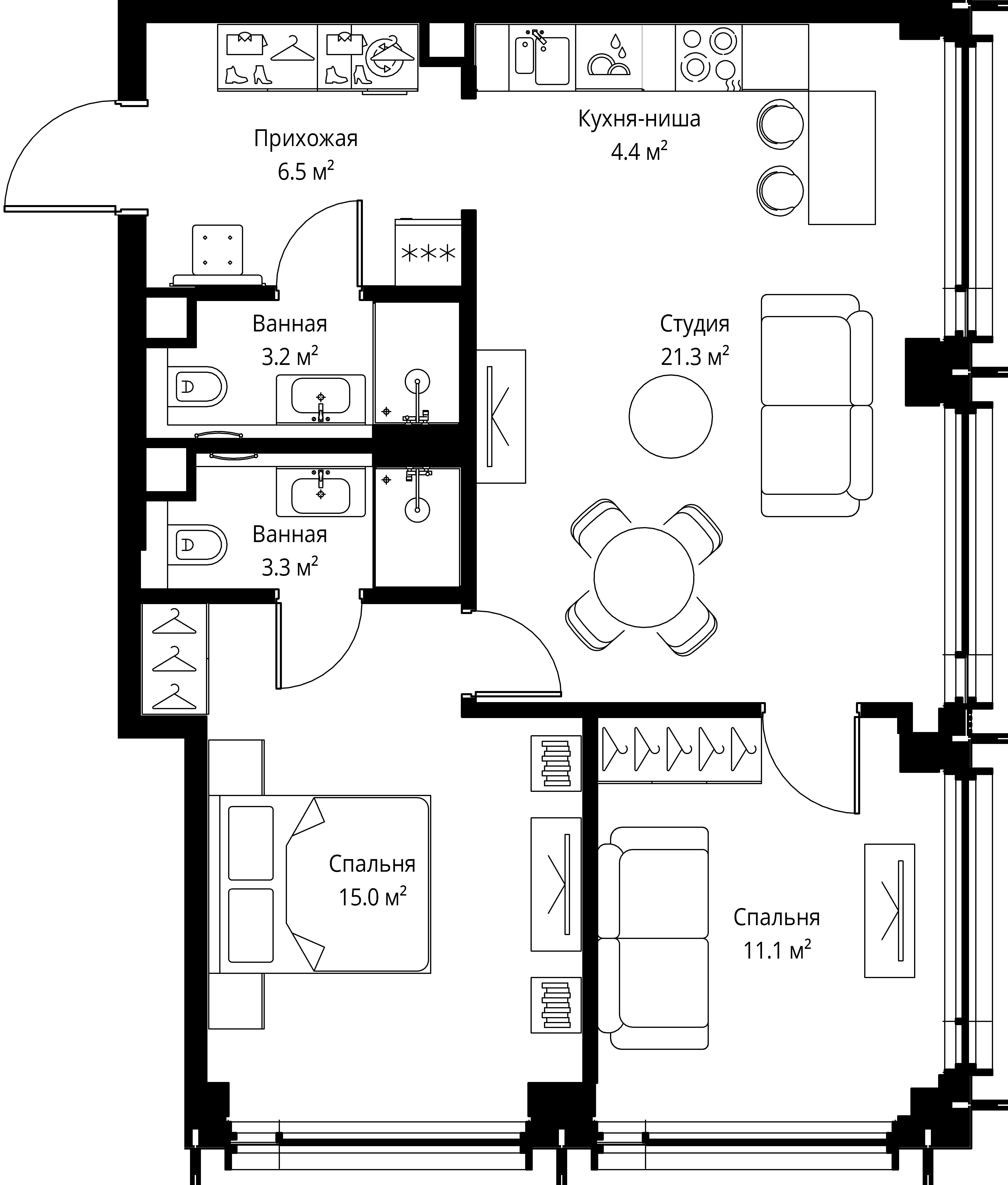 2-комнатная, 64,8 м² — 42 457 932 ₽