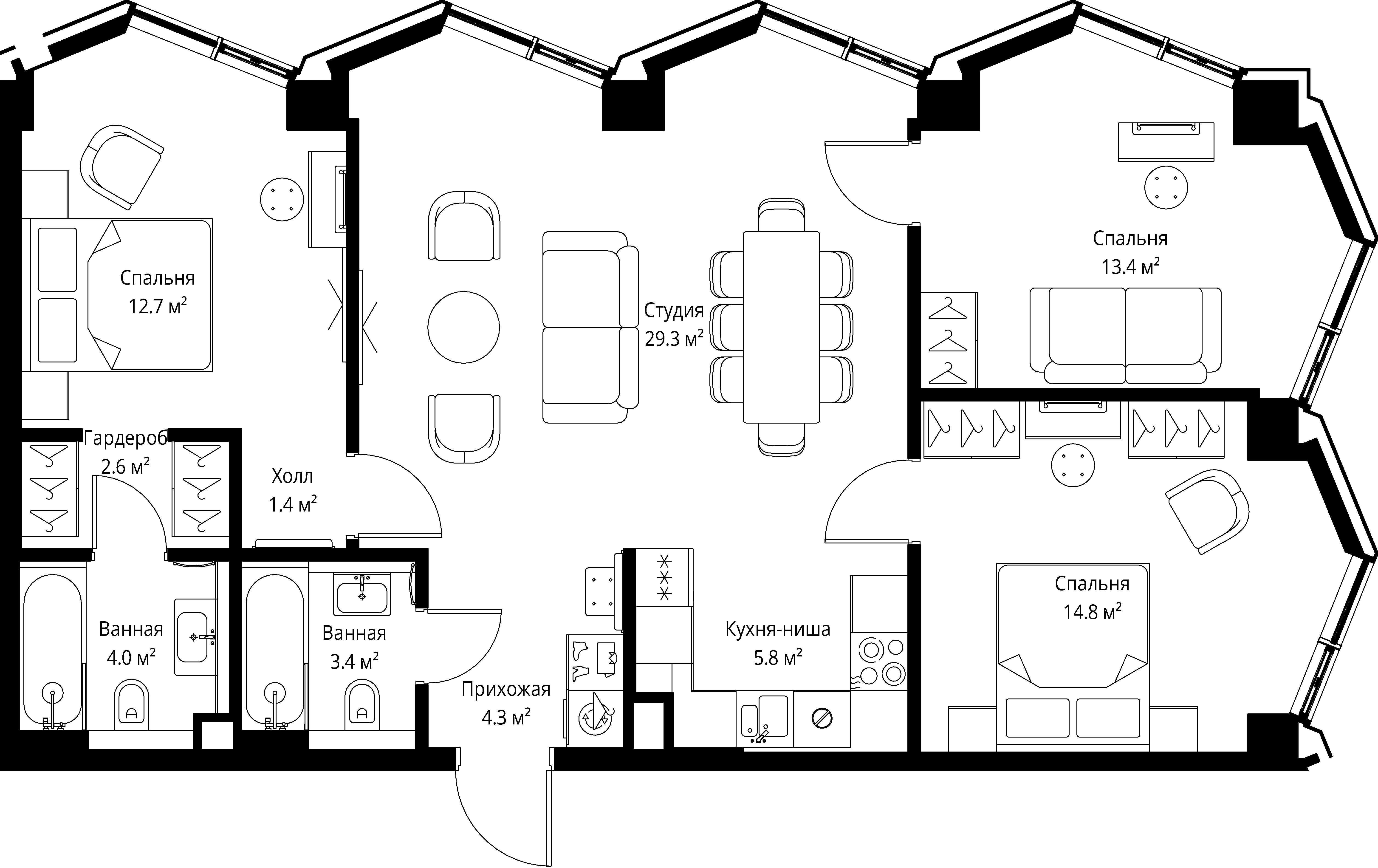 3-комнатная, 91,7 м² — 45 800 482 ₽