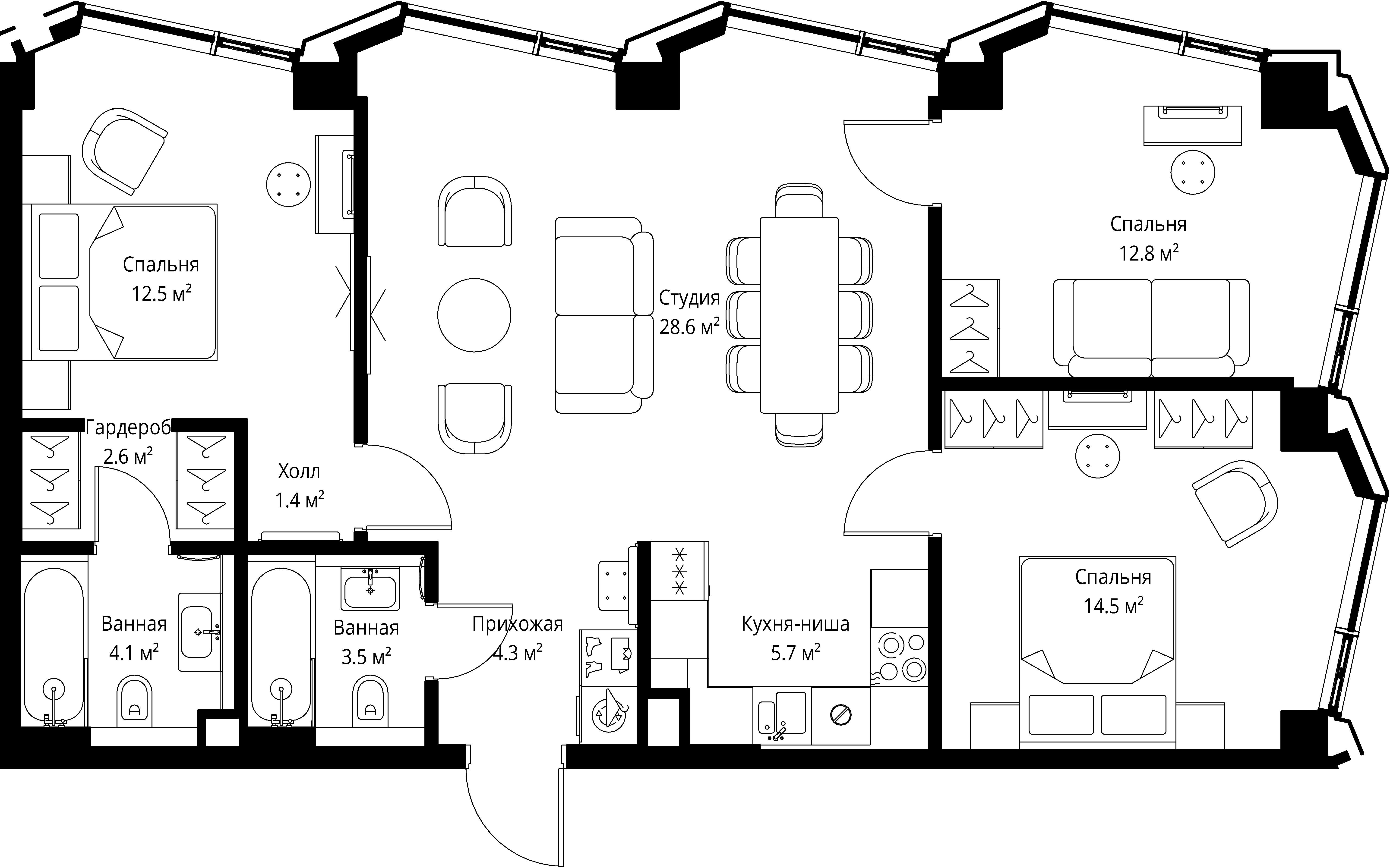 3-комнатная, 90 м² — 50 863 950 ₽