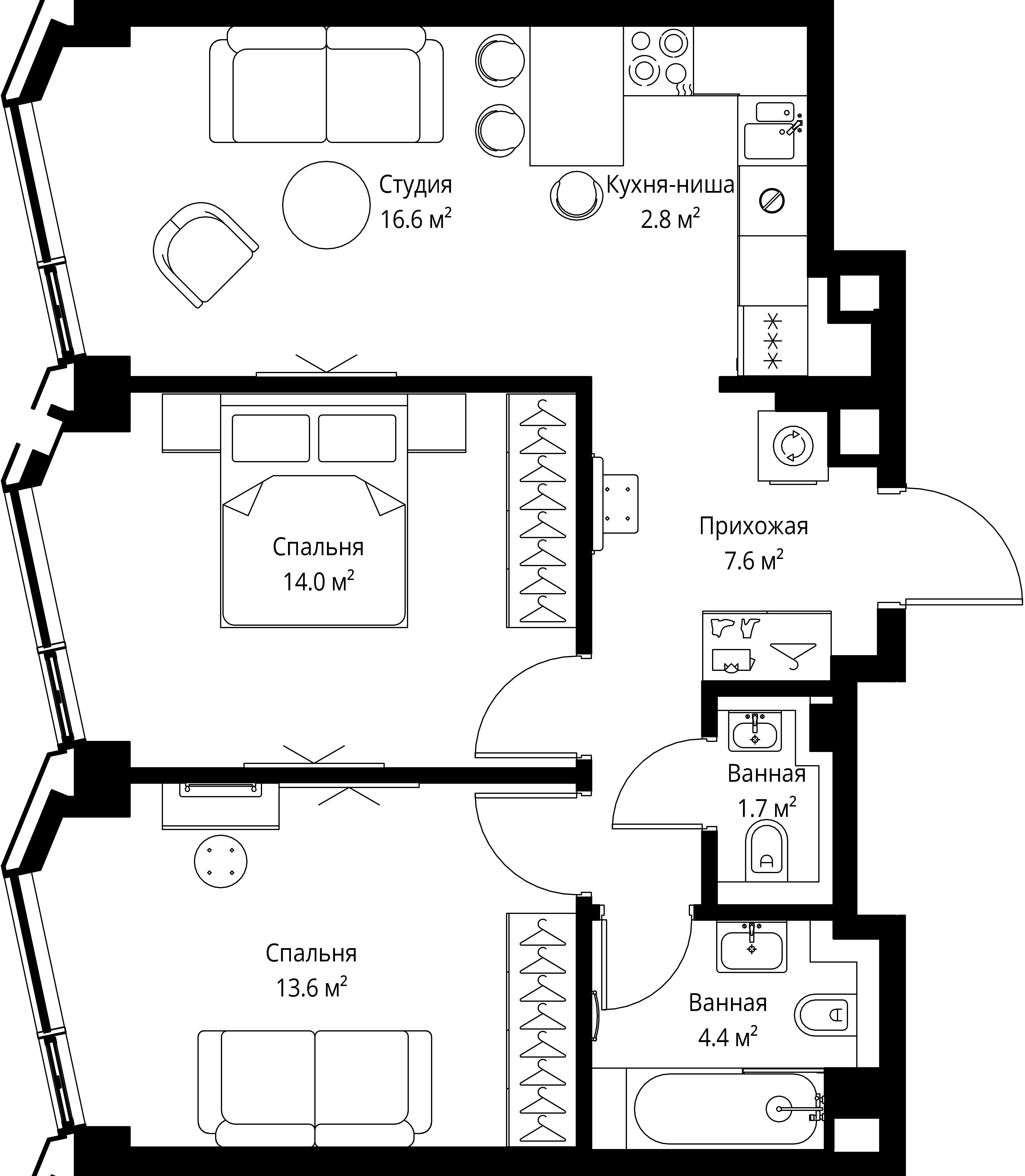 2-комнатная, 60,7 м² — 41 143 977 ₽