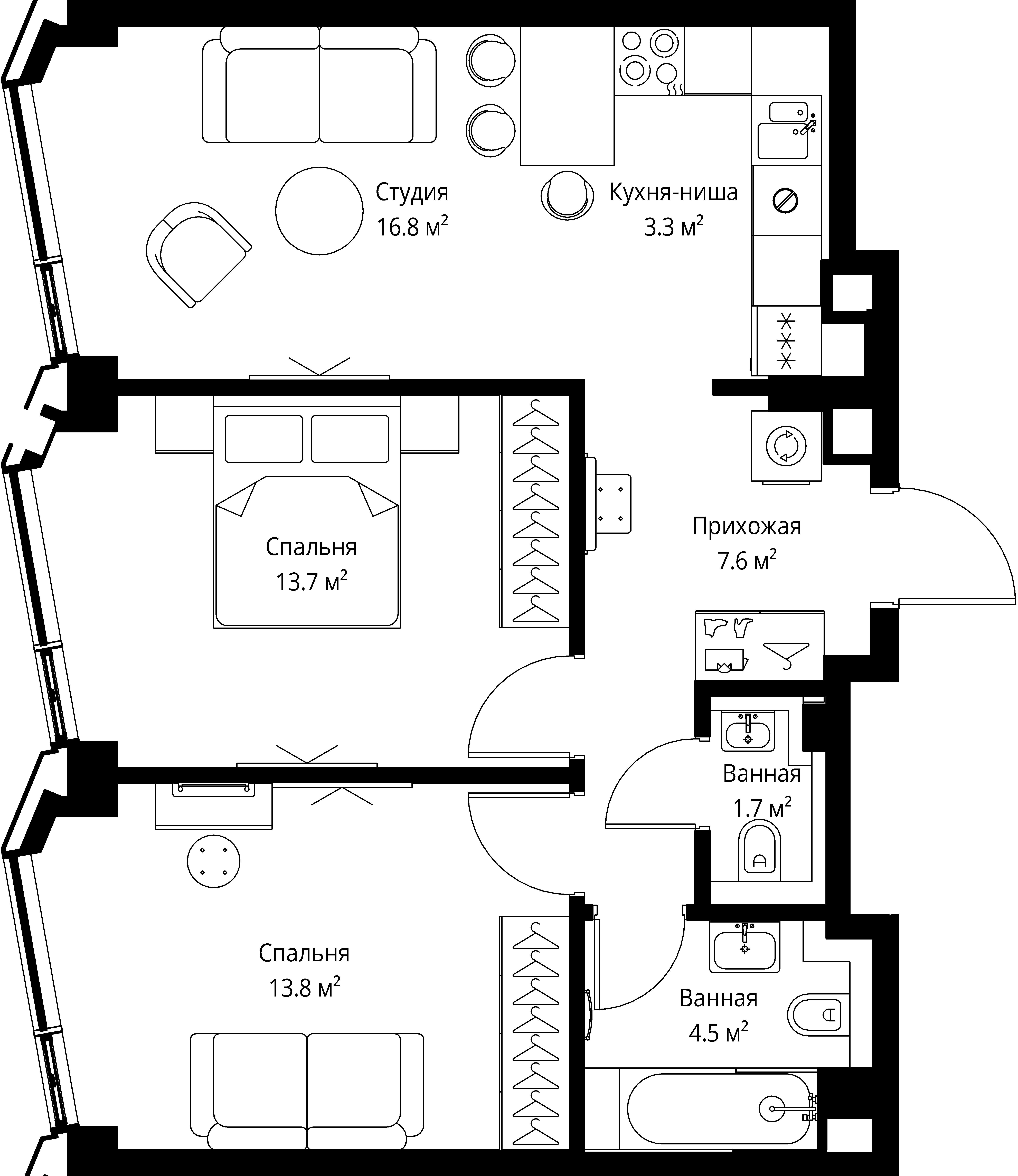 2-комнатная, 61,4 м² — 42 055 930 ₽