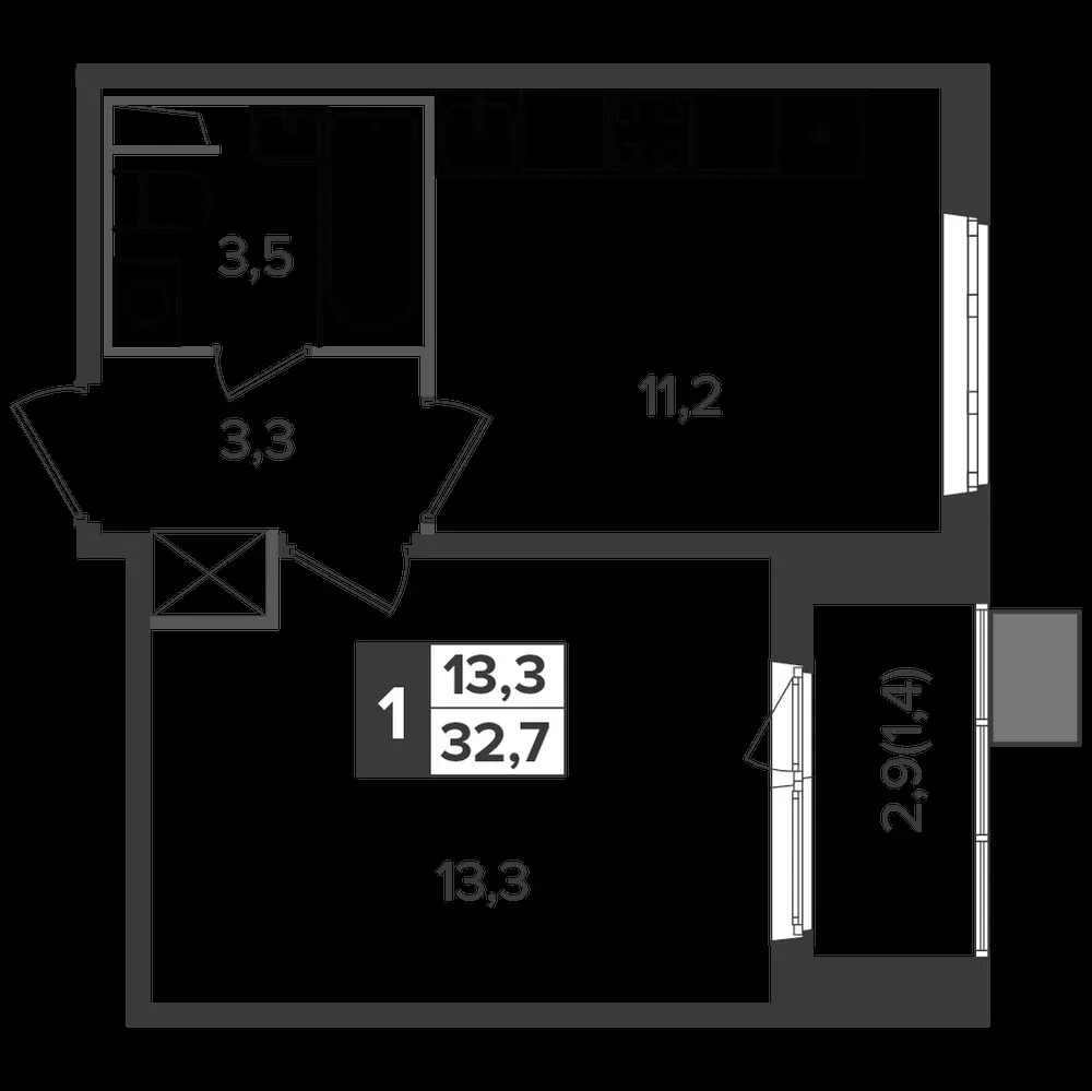 1-комнатная, 32,6 м² — 9 798 256 ₽