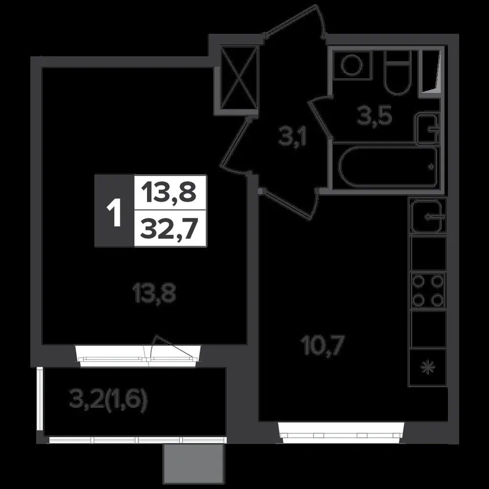 1-комнатная, 32,6 м² — 9 742 836 ₽