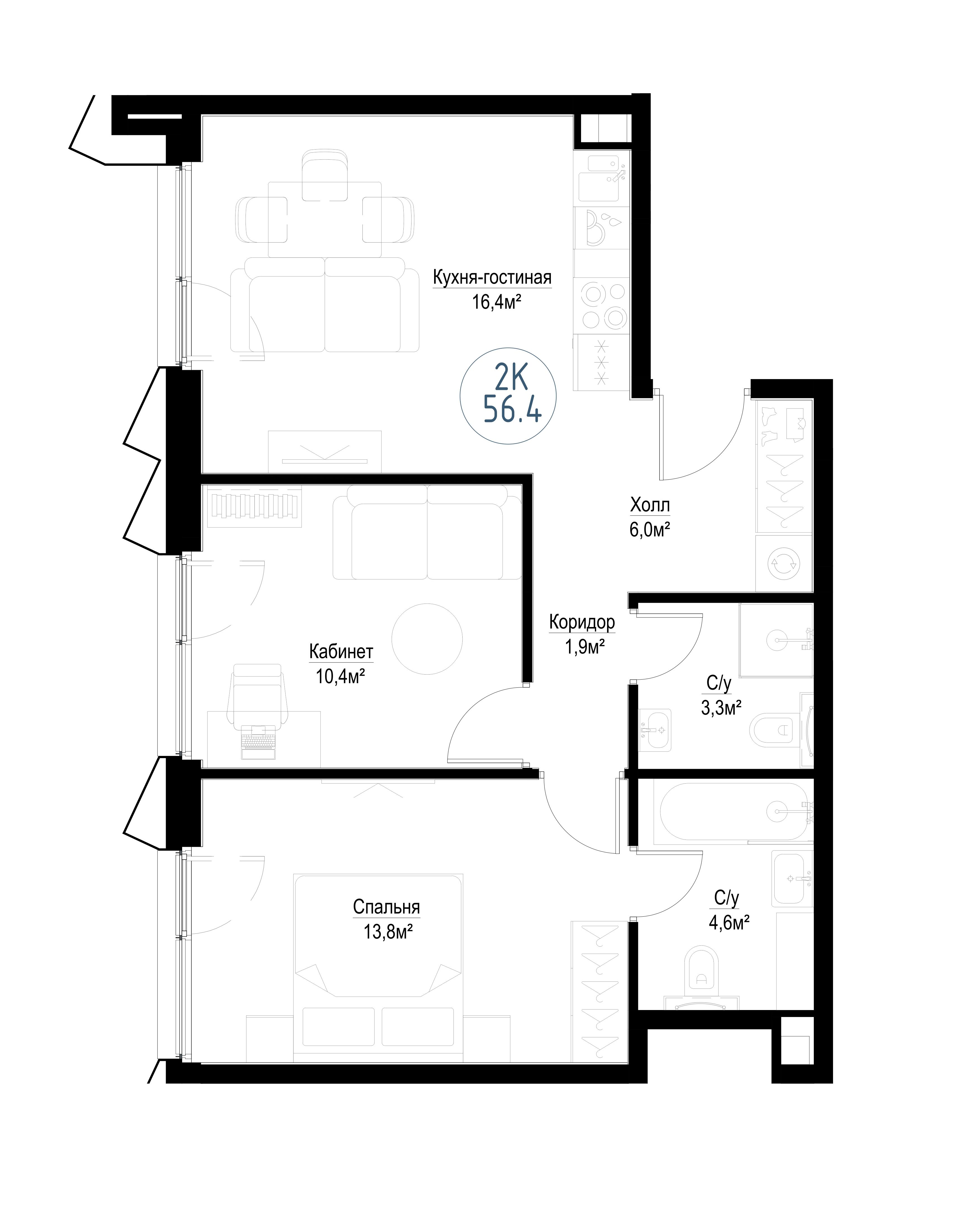 2-комнатная, 55,8 м² — 27 464 760 ₽