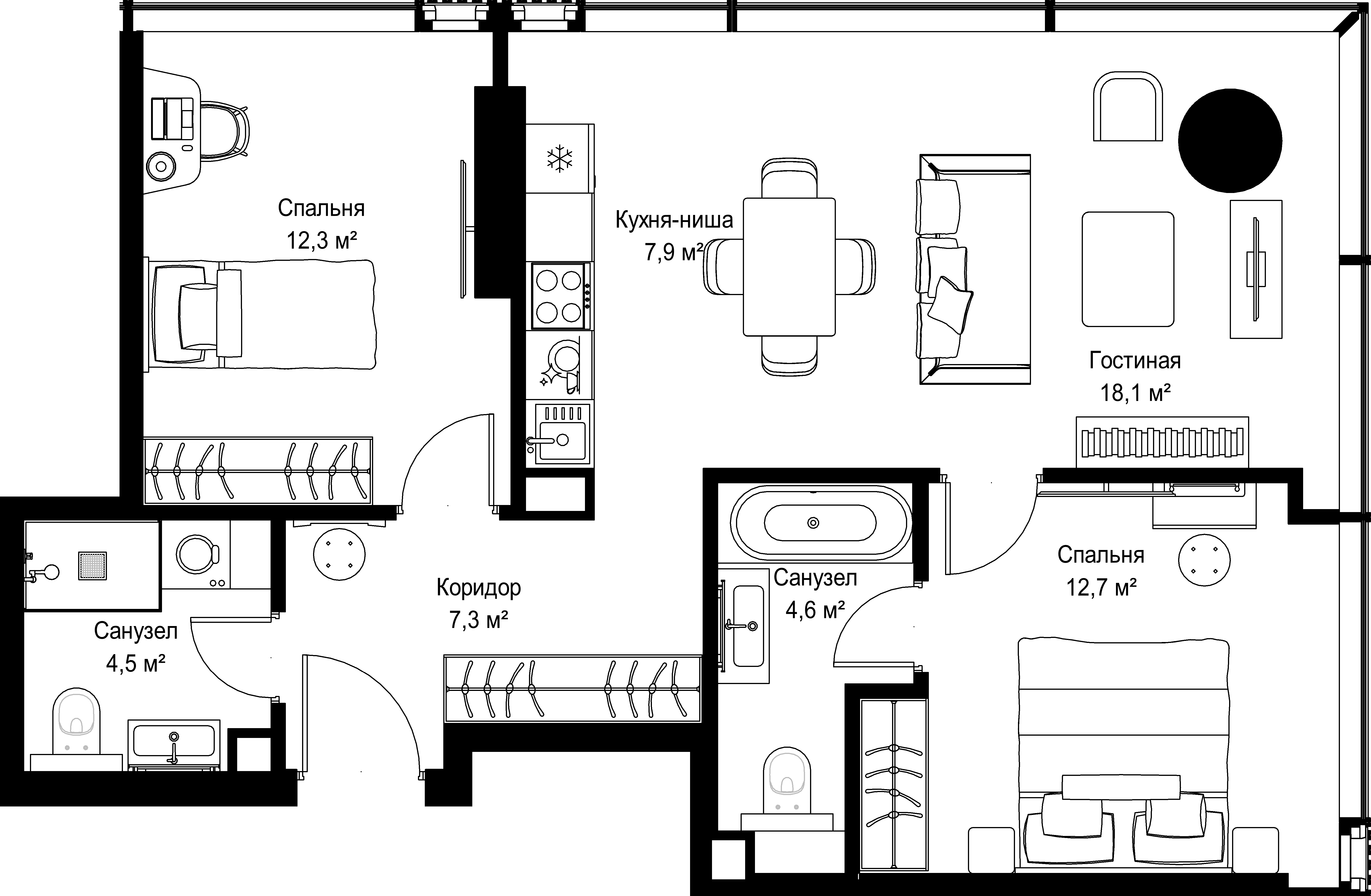 2-комнатная, 67,4 м² — 62 267 490 ₽
