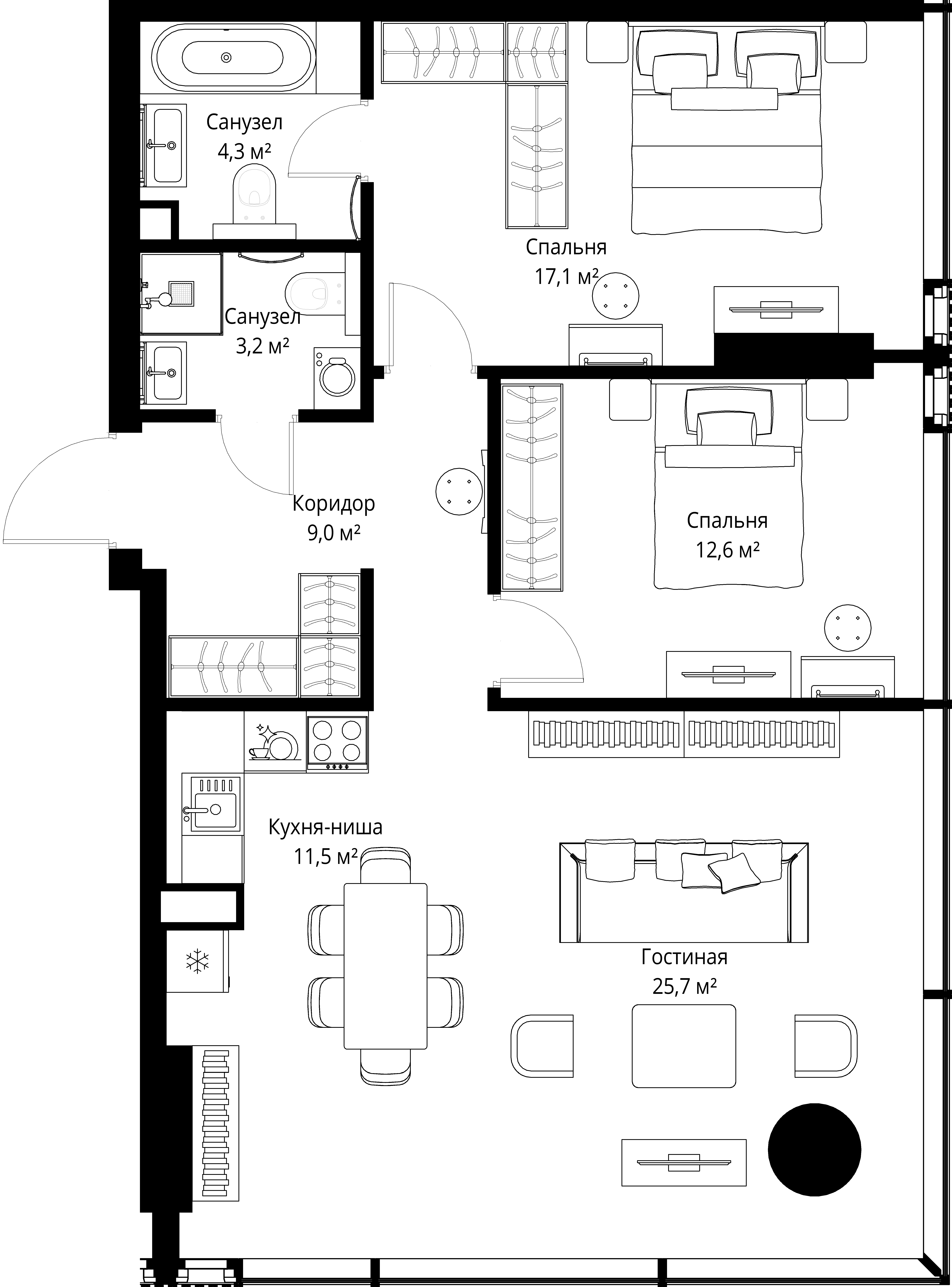 2-комнатная, 83,4 м² — 79 901 370 ₽