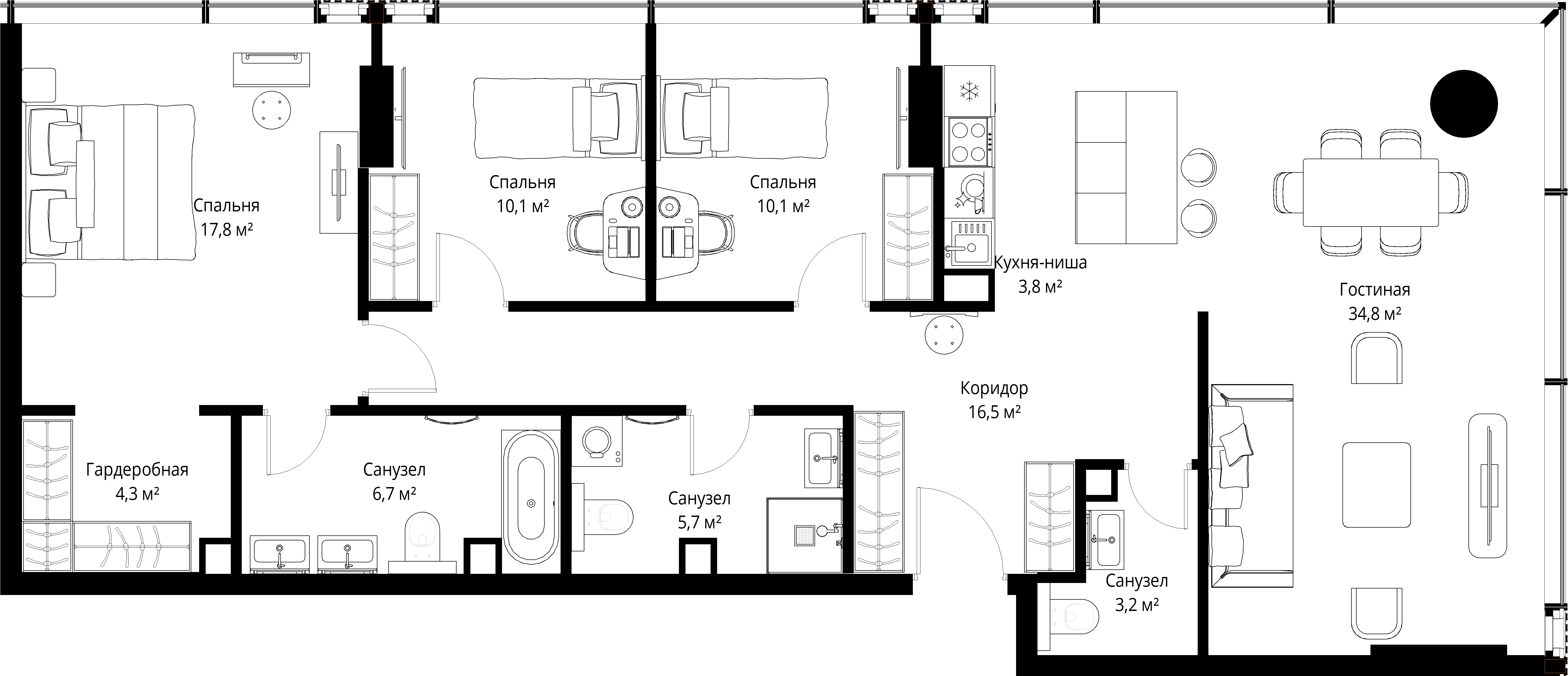 3-комнатная, 113 м² — 100 774 530 ₽